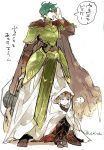  1boy 1girl armor axe brown_footwear cape chiva closed_mouth cosplay crown ephraim fado_(fire_emblem) fado_(fire_emblem)_(cosplay) fire_emblem fire_emblem:_seima_no_kouseki fire_emblem_heroes green_armor green_hair grey_hair hiding holding holding_axe long_hair open_mouth red_eyes short_hair simple_background sitting standing twitter_username under_clothes veronica_(fire_emblem) white_background 