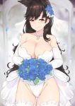  1girl animal_ears atago_(azur_lane) azur_lane bangs black_hair blush bouquet breasts bride cleavage elbow_gloves extra_ears flower gloves hair_flower hair_ornament highres holding jewelry kuavera large_breasts leotard long_hair looking_at_viewer necklace open_mouth solo strapless strapless_leotard swept_bangs thigh-highs white_gloves white_legwear white_leotard yellow_eyes 