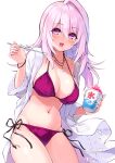  1girl :d bangs bikini blush breasts cleavage collarbone commentary_request cu-no dress eyebrows_visible_through_hair fingernails groin hair_between_eyes hand_up hisenkaede holding holding_spoon jewelry kooribata large_breasts long_hair long_sleeves looking_at_viewer navel open_mouth pendant pink_hair purple_bikini shaved_ice side-tie_bikini sidelocks simple_background single_hair_intake smile solo spoon swimsuit violet_eyes white_background white_dress wide_sleeves yayoi_sakura 