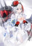  1girl absurdres admiral_graf_spee_(azur_lane) azur_lane bangs blue_eyes blunt_bangs blush breasts dress eyebrows_visible_through_hair flower hair_flower hair_ornament highres looking_at_viewer multicolored_hair redhead rose short_hair silver_hair solo streaked_hair under_boob wedding_dress yuuko_(030_yuko) 