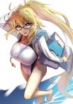  1girl :p absurdres bag barefoot black-framed_eyewear blonde_hair blue_eyes fate/grand_order fate_(series) from_above full_body glasses highres jacket jeanne_d&#039;arc_(fate)_(all) jeanne_d&#039;arc_(swimsuit_archer) kujuu_shikuro long_hair looking_at_viewer looking_up one-piece_swimsuit solo swimsuit tongue tongue_out very_long_hair walking water whistle whistle_around_neck 
