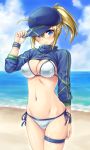  1girl 2-g ahoge artoria_pendragon_(all) baseball_cap beach bikini blue_eyes blue_hat closed_mouth clouds cowboy_shot fate/grand_order fate_(series) hat looking_at_viewer mysterious_heroine_xx_(foreigner) ponytail shrug_(clothing) sky solo standing swimsuit thighlet water white_bikini 