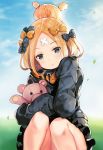  1girl abigail_williams_(fate/grand_order) bangs belt black_bow black_coat blonde_hair blue_eyes blue_sky bow closed_mouth clouds commentary_request day fate/grand_order fate_(series) hair_bun head_tilt heroic_spirit_traveling_outfit highres long_sleeves looking_at_viewer orange_bow outdoors parted_bangs polka_dot polka_dot_bow sibyl sitting sky sleeves_past_fingers sleeves_past_wrists solo stuffed_animal stuffed_toy teddy_bear 