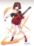  1girl :o apple_caramel artist_name bang_dream! bangs bare_shoulders black_hair black_legwear black_shirt blue_shorts boots character_name collarbone commentary_request eyebrows_visible_through_hair gradient gradient_background grey_background guitar holding holding_instrument instrument looking_at_viewer mitake_ran multicolored_hair off_shoulder open_mouth plectrum red_eyes red_footwear redhead shirt short_hair short_shorts shorts socks solo standing streaked_hair upper_teeth white_background 