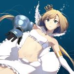  1girl air_bubble bare_shoulders beltbra blonde_hair blue_background blue_eyes bra breasts bubble cleavage commentary_request elbow_gloves eyebrows_visible_through_hair gauntlets gloves highres long_hair looking_at_viewer medium_breasts navel original parted_lips single_gauntlet skirt solo touyama_eight underwater underwear very_long_hair white_bra white_gloves white_skirt 