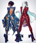  2girls ass back back_cutout bayonetta bayonetta_(character) bayonetta_2 black_hair butt_crack diamond_(symbol) dual_wielding earrings from_behind goggles goggles_on_head gun handgun high_heels highres holding jeanne_(bayonetta) jewelry lipstick long_hair looking_at_viewer looking_back makeup mole mole_under_mouth multiple_girls robert_porter short_hair silver_hair simple_background sketch smile thigh_gap weapon 