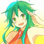  1girl :d akiyoshi_(tama-pete) antenna_hair arm_up armpits bare_arms bare_shoulders blush close-up earrings eyebrows_visible_through_hair fingernails gradient gradient_background green_eyes green_hair gumi happy heart heart_earrings jewelry lowres nail_polish open_mouth orange_nails orange_shirt salute shaded_face shirt short_hair short_hair_with_long_locks simple_background sleeveless sleeveless_shirt smile solo upper_body vocaloid white_background white_earrings yellow_background zipper 