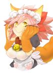  1girl absurdres animal_ears apron bell bell_collar blush_stickers breasts cat_hair_ornament cat_paws collar fang fangs fate/grand_order fate_(series) fox_ears fox_tail gloves hair_ornament hair_ribbon highres jingle_bell large_breasts long_hair looking_at_viewer maid_headdress paw_gloves paws pink_hair ponytail red_ribbon ribbon simple_background solo tail tamamo_(fate)_(all) tamamo_cat_(fate) white_background wozzy 
