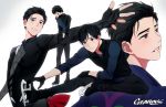  1boy artist_name black_gloves black_hair bodysuit brown_eyes gearous gloves hair_slicked_back highres ice_skates katsuki_yuuri male_focus pants skates smile stretch track_pants vest yuri!!!_on_ice 