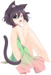  1girl animal_ears bangs barefoot blush brown_hair cat_ears cat_girl cat_tail commentary_request eyebrows_visible_through_hair fang full_body green_eyes hair_between_eyes hair_tie hand_to_own_mouth hands_up highres nude one_eye_closed open_mouth original red_collar shirasu_youichi simple_background sitting solo tail tail_raised tears two_side_up white_background yawning 