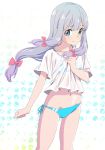  1girl bikini blue_bikini blue_eyes bow cowboy_shot eromanga_sensei eyebrows_visible_through_hair floating_hair hair_bow highres izumi_sagiri long_hair looking_at_viewer midriff navel pink_bow pink_x school_uniform serafuku shiny shiny_hair shirt short_sleeves side-tie_bikini silver_hair solo standing stomach swimsuit white_background white_shirt 