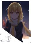  1girl blonde_hair blue_jacket character_name closed_mouth commentary_request eyebrows_visible_through_hair jacket kantai_collection long_hair long_sleeves looking_at_viewer necktie night night_sky open_clothes open_jacket orange_eyes rinto_(rint_rnt) satsuki_(kantai_collection) scarf shirt sky smile solo star_(sky) starry_sky white_scarf white_shirt yellow_neckwear 