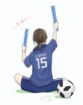  1girl ball brown_hair commentary_request dated from_behind hands_up holding indian_style jersey original ponytail purple_shirt purple_shorts sako_(user_ndpz5754) shirt short_hair short_sleeves shorts signature simple_background sitting soccer soccer_ball soccer_uniform solo sportswear translated white_background 