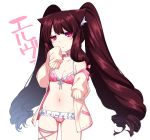  1girl :&lt; animal_ear_fluff animal_ears bra brown_hair closed_mouth commentary_request cowboy_shot fox_ears hands_up jitome konshin long_hair long_sleeves looking_at_viewer navel panties paw_pose pink_bra pink_eyes pink_panties sleeves_past_fingers sleeves_past_wrists solo standing twintails underwear white_background 