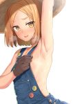  1girl arm_up armpits badge bangs blonde_hair body_mahattaya_ginga brown_gloves buttons commentary_request eyebrows_visible_through_hair fate/grand_order fate_(series) flat_chest gloves hat heavy_breathing looking_at_viewer naked_overalls overalls parted_bangs paul_bunyan_(fate/grand_order) shiny shiny_skin short_hair simple_background solo straw_hat sweat white_background yellow_eyes 