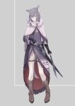  1girl absurdres animal_ears arm_warmers bare_shoulders boots fantasy full_body grey_eyes grey_hair highres long_hair mikisai original robe scabbard shawl sheath sheathed simple_background solo sword tail very_long_hair weapon wide_sleeves 