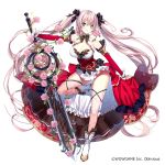  1girl absurdly_long_hair absurdres blue_eyes boots breasts cleavage company_name corset detached_sleeves dress floral_print flower full_body hamada_pochiwo highres holding holding_sword holding_weapon large_breasts layered_dress long_hair long_legs looking_at_viewer official_art original pink_flower pink_hair pink_rose rose rose_print simple_background solo standing standing_on_one_leg sword thigh-highs thorns twintails very_long_hair weapon white_background 