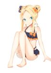  1girl abigail_williams_(fate/grand_order) absurdres bangs bare_arms bare_legs bare_shoulders barefoot bikini black_bikini black_bow blonde_hair blue_eyes blush bow commentary_request emerald_float eyebrows_visible_through_hair fate/grand_order fate_(series) forehead hair_bow highres orange_bow parted_bangs sidelocks simple_background sitting solo swimsuit toenails white_background yukaa 