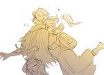  1boy 1girl cape couple dress gloves hair_over_one_eye hat hug long_hair mella monochrome octopath_traveler scarf short_hair simple_background smile therion_(octopath_traveler) tressa_(octopath_traveler) 