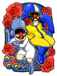  1boy 2boys artist_request bald boots charatcer_name commentary_request cyborg dr._crygor dual_persona facial_hair flower gloves highres jetpack looking_at_another male_focus mouth_hold multiple_boys mustache open_mouth rose skin_tight smile warioware 