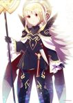  1girl armor black_armor black_gloves cape crml_orng crown fire_emblem fire_emblem_heroes gloves grey_hair hair_ornament highres holding holding_staff long_hair long_sleeves parted_lips red_eyes shoulder_armor simple_background solo staff standing twitter_username veronica_(fire_emblem) white_background 