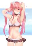  1girl arms_up ashino bangs bikini black_choker blue_sky blunt_bangs blush breasts choker closed_mouth commentary_request day eyebrows_visible_through_hair fate/grand_order fate_(series) frills heart long_hair medb_(fate)_(all) medb_(fate/grand_order) medium_breasts navel ocean outside_border pink_hair sidelocks skindentation sky solo standing swimsuit tiara tongue tongue_out twintails very_long_hair white_bikini yellow_eyes 