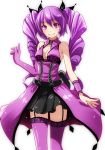  1girl asymmetrical_gloves black_skirt breasts choker cleavage drill_hair eyebrows_visible_through_hair garter_belt gloves hair_between_eyes hatsune_miku long_hair looking_at_viewer medium_breasts miniskirt pleated_skirt project_diva_(series) purple_gloves purple_hair purple_legwear shadow shiny shiny_hair simple_background skirt sleeveless smile solo standing thigh-highs tsukishiro_saika twin_drills twintails very_long_hair violet_eyes vocaloid white_background zettai_ryouiki 