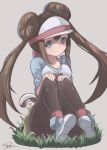  1girl blue_eyes brown_hair creatures_(company) double_bun foongus game_freak gen_5_pokemon grass grey_background hands_on_own_knees hat highres knees_up long_hair nene_(hong_kong) nintendo pantyhose pokemon pokemon_(creature) pokemon_special sidelocks sitting smile twintails whi-two_(pokemon) white_hat 