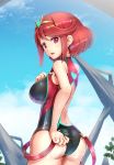  1girl adjusting_clothes adjusting_swimsuit ass bangs bare_shoulders breasts earrings eyebrows_visible_through_hair gem gonzarez hair_ornament highres pyra_(xenoblade) jewelry large_breasts looking_at_viewer looking_back one-piece_swimsuit open_mouth red_eyes redhead short_hair sky sparkle suspenders swimsuit tiara tree water wet wet_clothes wet_swimsuit xenoblade_(series) xenoblade_2 