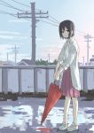  1girl black_eyes blue_sky brown_hair coat grey_coat holding holding_umbrella long_sleeves looking_at_viewer open_clothes open_coat parted_lips pink_skirt pleated_skirt power_lines puddle red_umbrella shirt short_hair skirt sky solo standing telephone_pole umbrella umiroku white_footwear white_shirt 