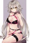  1girl ahoge artist_name bare_arms bare_shoulders bikini black_bikini black_choker border choker closed_mouth commentary_request cowboy_shot eyebrows_visible_through_hair fate/grand_order fate_(series) hair_between_eyes highres jeanne_d&#039;arc_(alter)_(fate) jeanne_d&#039;arc_(alter_swimsuit_berserker) jeanne_d&#039;arc_(fate)_(all) komazuki_(komaworks240) long_hair looking_at_viewer midriff navel o-ring o-ring_bikini o-ring_bottom o-ring_top outline outside_border pale_skin signature simple_background single_thighhigh sitting smile solo stomach strap_pull swimsuit thigh-highs thigh_strap thighs very_long_hair waist yellow_eyes 