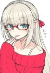  1girl :p blonde_hair blue_eyes blush bra bra_strap commentary_request eyebrows_visible_through_hair hair_ribbon hand_up long_hair long_sleeves looking_at_viewer nekoume original red-framed_eyewear red_ribbon red_sweater ribbon semi-rimless_eyewear simple_background sleeves_past_wrists smile solo sweater tongue tongue_out under-rim_eyewear underwear white_background white_bra 