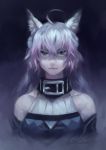  1girl ahoge animal_ears atalanta_(alter)_(fate) atalanta_(fate) bare_shoulders belt_collar cat_ears closed_mouth commentary english_commentary fate/apocrypha fate_(series) gradient_hair green_eyes grey_hair hair_between_eyes highres idk-kun long_hair looking_at_viewer multicolored_hair purple_hair slit_pupils solo twitter_username upper_body 