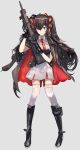  1girl bangs black_cape black_footwear black_gloves blush boots bow brown_eyes brown_hair cape commentary_request dress eyebrows_visible_through_hair full_body girls_frontline gloves grey_background gun hair_between_eyes hair_bow highres holding holding_gun holding_weapon long_hair multicolored multicolored_cape multicolored_clothes necktie object_namesake ori_(momonimo) parted_lips pleated_dress qbz-97 qbz-97_(girls_frontline) red_bow red_cape red_neckwear simple_background solo thigh-highs thighhighs_under_boots twintails very_long_hair weapon white_dress white_legwear 