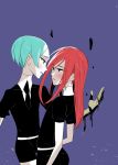  2others androgynous aqua_eyes aqua_hair ayahashi_(yaimu333) blue_background blush gem_uniform_(houseki_no_kuni) golden_arms green_eyes green_hair houseki_no_kuni long_hair looking_at_another multiple_others necktie phosphophyllite purple_background red_eyes redhead shinsha_(houseki_no_kuni) short_hair 