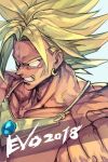  1boy blank_eyes blonde_hair broly clenched_hand clenched_teeth dragon_ball dragonball_z earrings fingernails gorget hankuri jewelry male_focus muscle shirtless solo teeth upper_body 