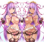  2girls bangs bare_shoulders bb_(fate)_(all) bb_(swimsuit_mooncancer)_(fate) bead_bracelet beads belt bikini black_gloves black_legwear black_shorts blush bracelet breasts cleavage closed_mouth collarbone dark_skin dual_persona earrings fate/extra fate/extra_ccc fate/grand_order fate_(series) fingerless_gloves gloves hair_ribbon highres hips jewelry large_breasts long_hair looking_at_viewer multiple_girls navel purple_bikini purple_hair purple_ribbon ribbon shiny shiny_hair short_shorts shorts simple_background smile sparkle star star_earrings swimsuit tan thigh-highs thighs thomasz tiara very_long_hair violet_eyes waist white_background white_belt 