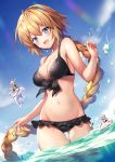  3girls :d afloat ahoge arm_up bare_arms bare_shoulders bikini black_bikini black_ribbon blonde_hair blue_eyes blue_sky blush braid breasts character_request cleavage collarbone commentary_request day dolphin dutch_angle eating fate/grand_order fate_(series) food frilled_bikini_bottom front-tie_bikini front-tie_top gluteal_fold grey_hair groin hair_between_eyes innertube jeanne_d&#039;arc_(alter_swimsuit_berserker) jeanne_d&#039;arc_(fate)_(all) jeanne_d&#039;arc_(swimsuit_archer) large_breasts long_hair looking_at_viewer multiple_girls navel ocean open_mouth outdoors popsicle ribbon riding riichu shiny shiny_hair short_hair single_braid sitting sky smile solo_focus string_bikini swimsuit thigh_gap thighs very_long_hair wading water water_drop 