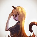  1girl black_shirt blonde_hair brown_hair cheetah_ears cheetah_print cheetah_tail collared_shirt commentary_request elbow_gloves extra_ears eyebrows_visible_through_hair gloves highres jewelry kemono_friends king_cheetah_(kemono_friends) long_hair multicolored_hair necklace profile shirt short_sleeves solo t-shirt takami_masahiro yellow_eyes 