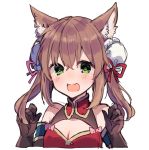  1girl animal_ears bangs bare_shoulders blush breasts brown_gloves brown_hair bun_cover china_dress chinese_clothes cleavage cleavage_cutout crossed_bangs dress elbow_gloves fang fox_ears gloves green_eyes hair_ribbon hands_up ikeuchi_tanuma long_hair looking_at_viewer open_mouth original red_ribbon ribbon simple_background small_breasts solo twintails upper_body white_background 
