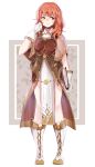  1girl book boots breastplate celica_(fire_emblem) closed_mouth cosplay fire_emblem fire_emblem_echoes:_mou_hitori_no_eiyuuou full_body gloves headband holding holding_book knee_boots long_hair mae_(fire_emblem) mae_(fire_emblem)_(cosplay) pelvic_curtain red_eyes redhead reinynii solo standing white_gloves 