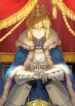  1girl ahoge armor armored_dress artoria_pendragon_(all) bangs blonde_hair blue_coat closed_mouth coat commentary_request crown expressionless eyebrows_visible_through_hair eyes_visible_through_hair fate/grand_order fate_(series) fur-trimmed_coat fur_trim gauntlets green_eyes hands_together highres holding holding_sword holding_weapon looking_at_viewer saber saihate_(d3) solo sword weapon 