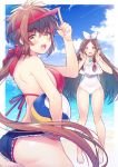  2girls ass beach bikini breasts fan_la_norne himono_xeno long_hair looking_at_viewer lora_(xenoblade_2) multiple_girls one-piece_swimsuit open_mouth parted_lips redhead short_hair shorts smile swimsuit water xenoblade_(series) xenoblade_2 yellow_eyes 