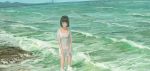  1girl absurdres beach black_hair blue_eyes blush highres lighthouse medium_hair ocean original partially_submerged reido_(reido_c) see-through solo standing swimsuit water waves wet wet_clothes 