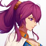  1girl blue_eyes breasts cleavage dungeon_and_fighter earrings hair_between_eyes hair_ornament high_ponytail jewelry long_hair medium_breasts portrait purple_hair simple_background solo white_background yuuta_(806350354) 