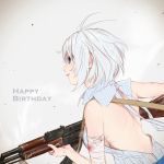 1girl absurdres antenna_hair bandage bandaged_arm bandages blood blue_eyes breasts dennou_shoujo_youtuber_shiro eyebrows_visible_through_hair gun happy_birthday highres holding holding_gun holding_weapon large_breasts looking_away parted_lips shiro_(dennou_shoujo_youtuber_shiro) short_hair sideboob smile solo takami_masahiro upper_body weapon white_hair 