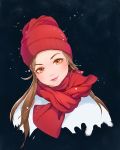  1girl beanie blush brown_hair eyeshadow hat head_tilt light_smile long_hair looking_at_viewer makeup orange_eyes original pink_lips portrait realistic red_scarf scarf shui_jing_you_ming snow snowing solo winter_clothes 