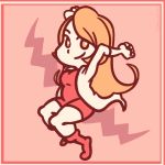  1girl chibi clenched_hands coat dress dubiousdummy jumping long_hair looking_at_viewer mona_(warioware) smile solo warioware 