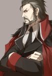  1boy beard berezovich_kryuger_(girls_frontline) black_hair black_jacket black_neckwear coat collared_coat collared_shirt crossed_arms facial_hair fur-trimmed_coat fur_trim girls_frontline grey_background hair_slicked_back jacket jacket_on_shoulders looking_at_viewer luse_maonang military military_uniform mustache necktie red_coat red_eyes scar shirt simple_background solo uniform upper_body white_shirt wing_collar 