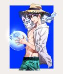  1boy ball beachball blue_background blue_eyes brilliant_summer commentary_request cowboy_shot cropped_legs eyewear_on_head fate/grand_order fate_(series) fingernails fou_(fate/grand_order) fujimaru_ritsuka_(male) glasses hat highres holding hood hood_down hooded_jacket jacket long_sleeves looking_at_viewer male_swimwear open_clothes open_jacket pince-nez purple_hair shirtless simple_background smile solo standing straw_hat sunglasses swim_briefs swimwear tenobe 